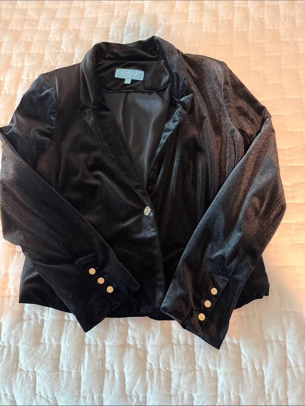Draper James Black Velvet Blazer with Gold Buttons. Medium.